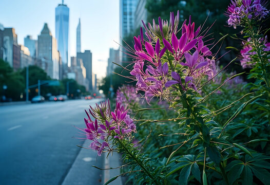 Urban nature and city sustainability, purple cleome flowers blooming on a street sidewalk with skyscrapers and metropolitan skyline in the background