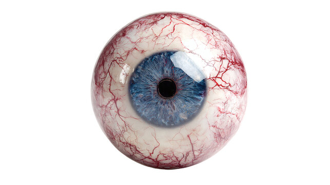 single realistic bloody eyeball with red veins and a blue iris
