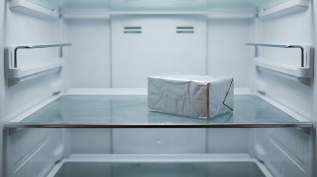 Butter block wrapped in silver foil resting on a glass shelf inside an empty refrigerator, representing minimalist food storage, dietary planning, and modern kitchen lifestyle