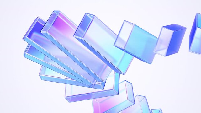 Spiral chain of translucent blue glass bars twisting on a light background, blockchain and data structure concept, seamless loop, 3d rendered animation