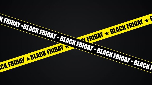 Yellow Black Friday caution tape crossing diagonally on dark background for sale promotion.