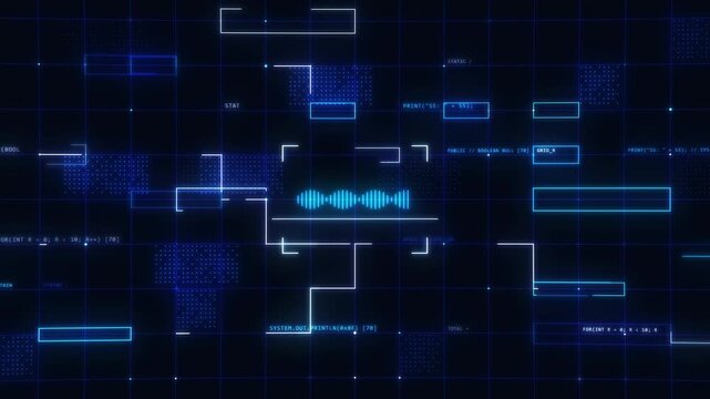Futuristic Blue Programming Grid HUD with Digital Sound Wave Scanner