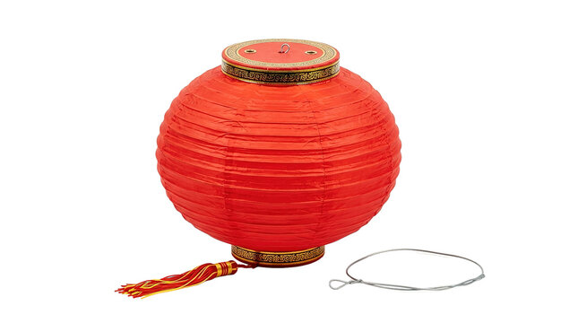 Vibrant red round paper lantern with decorative tassel and string