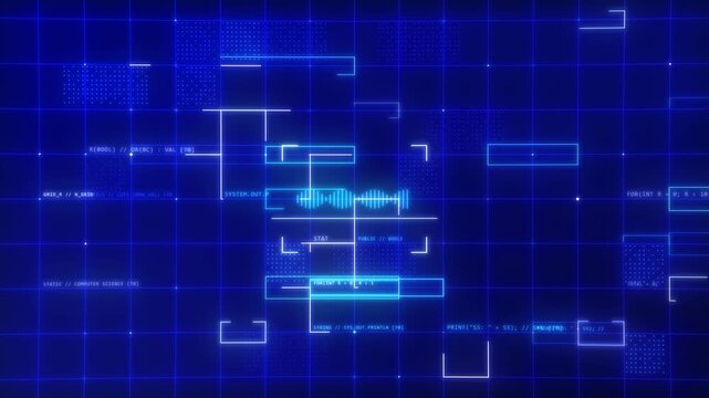 Bright Blue Cyber Grid HUD with AI Voice Waveform and Code