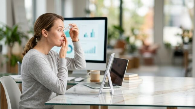 Woman applying moisturizing eye drops while working at a modern glass desk with a computer monitor, promoting digital eye strain relief and office wellness in a professional remote work setting