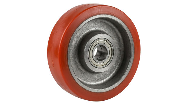 Red industrial caster wheel with metal core and ball bearing isolated on white