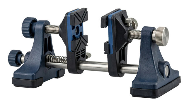 Adjustable blue metal table vise with rubber pads and screws