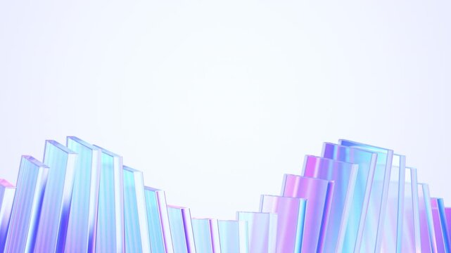 Rows of iridescent glass plates rising in waves like an audio equalizer, sound and voice AI concept on a light background, seamless loop, 3d rendered animation