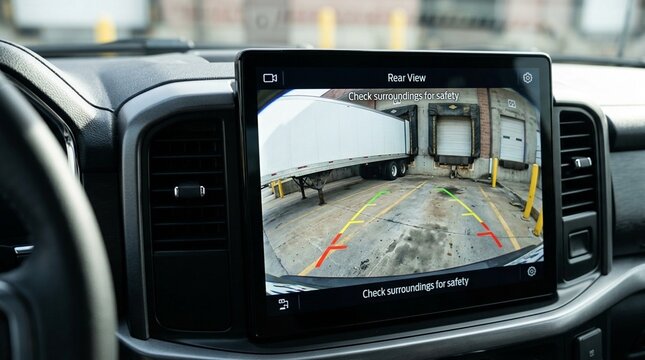 Rearview camera screen showing a trailer at a dock bay, truck backing assist and loading dock safety technology