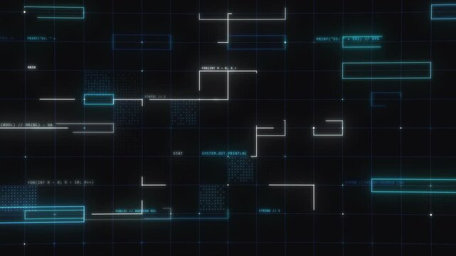 Dark Futuristic Cyber Grid HUD with Programming Code and Neon Frames