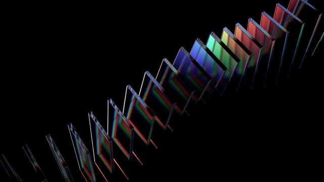 Stream of glass panels with rainbow refraction flowing diagonally on a dark background, data flow and information transfer concept, seamless loop, 3d rendered animation