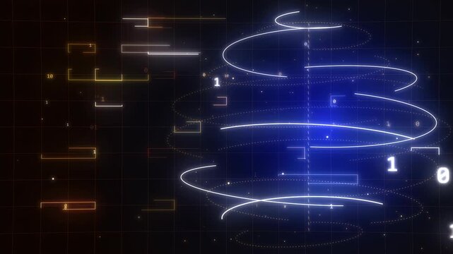 3D Blue Binary Code Spiral Vortex and Futuristic HUD Grid Animation