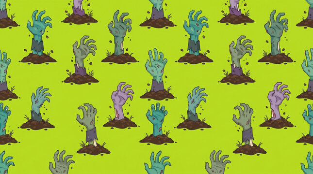 Cute Halloween zombie hands rising from graves pattern
