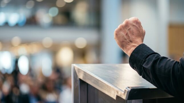 Raised fist above a podium in a bright conference hall, representing leadership, empowerment, and assertive communication for corporate success and social justice advocacy campaigns