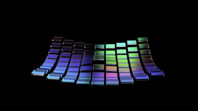 Grid of iridescent glass tiles forming a waving digital surface on a dark background, digital fabric and network concept, seamless loop, 3d rendered animation