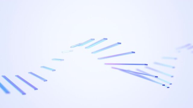 Thin glass sticks forming a flowing sine wave on a soft blue background, DNA helix and signal frequency concept, seamless loop, 3d rendered animation