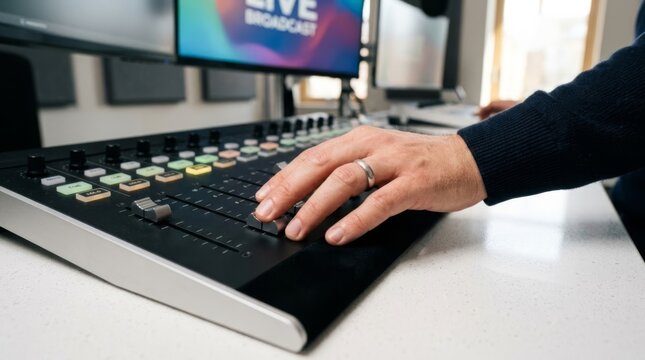 Professional radio broadcaster hand adjusting audio fader on a modern digital mixing console in a broadcast studio setting for podcast production or media editing tasks
