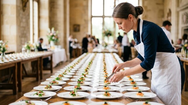 Caterer in white apron meticulously plating elegant canap&eacute;s in precise rows on a banquet table in a bright historic hall for a luxury event preparation