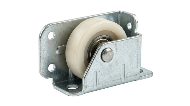 Industrial metal caster wheel with white plastic roller on black background