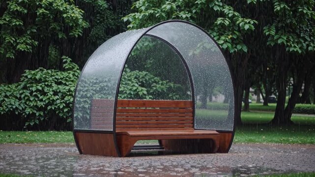 Futuristic covered park bench stands empty during heavy summer rain shower. Modern curved glass shelter protects wooden seat against downpour while lush green trees frame background nicely.