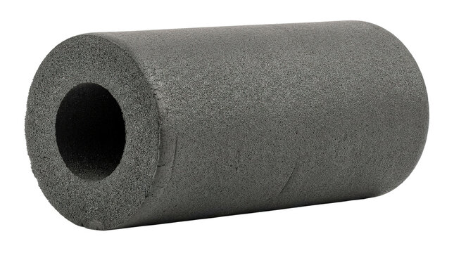 Gray foam cylinder for pipe insulation on white background