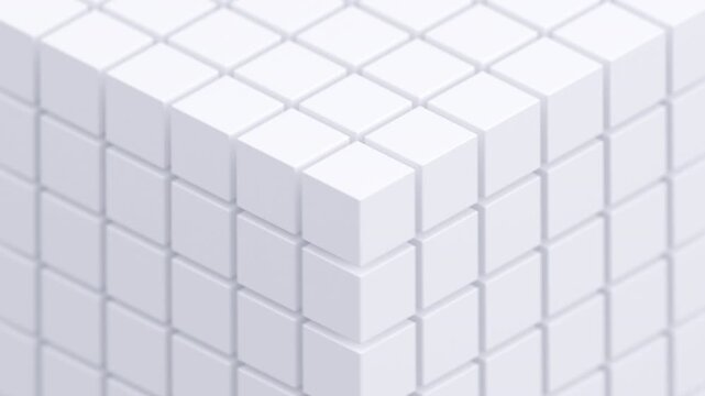 Block of white cubes breaking apart and reassembling on a white background, transformation and modular system concept, seamless loop, 3d rendered animation