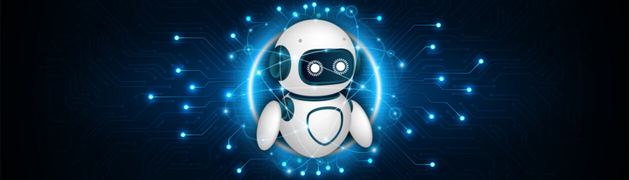 Artificial intelligence robot. Modern technology. Intelligent assistant robot of the future world. Chatbot mascot on a blue background.