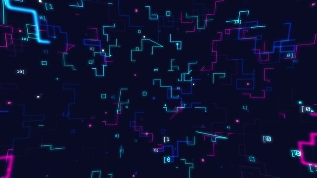 Futuristic Cyber Circuit Maze with Glowing Neon Lines and Binary Code