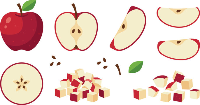 Fresh red apple fruit vector set featuring a whole apple half cut slices cross section diced cubes seeds and leaves for healthy food design.