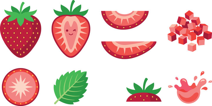 Fresh Strawberry Vector Illustration Set with Whole Berry Half Slices Cubes Juice Splash and Green Mint Leaf