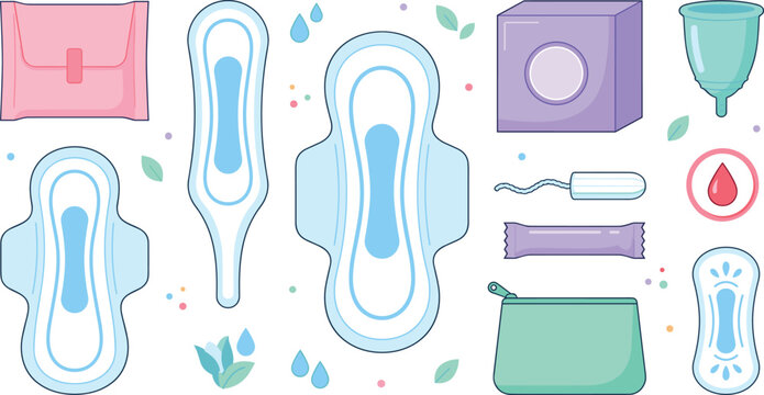 Menstrual Hygiene Product Vector Set with Sanitary Pads Tampons Menstrual Cup Box Pouch and Period Blood Drops