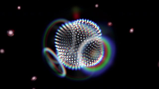 Glowing particle sphere deflecting incoming orbs with a protective shield on a dark background, cybersecurity and data protection concept, seamless loop, 3d rendered animation