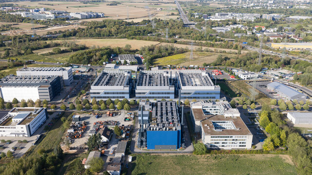 Frankfurt am Main, Germany - 08 September 2026: Aerial view of Digital Park Sossenheim data center campus in Frankfurt