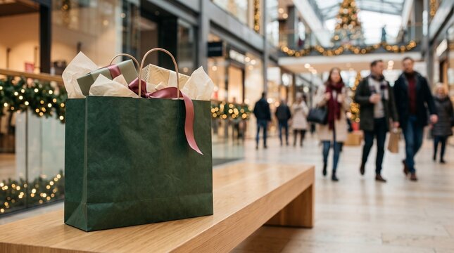 A festive green shopping bag overflows with gifts and ribbons, resting on a wooden bench in a beautifully decorated shopping mall. People stroll along the illuminated walkway.