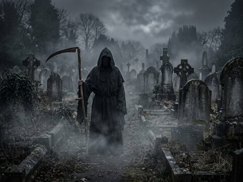 Mysterious hooded person standing motionless among old cracked gravestones in neglected cemetery, distant crosses and weathered monuments, haunting atmosphere.