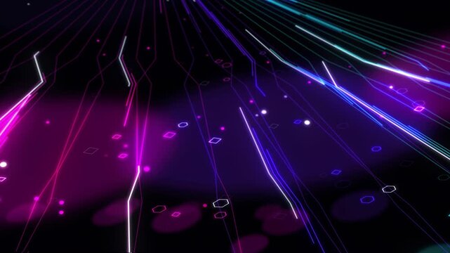 Cyberpunk Neon Circuit Board Lines and Glowing Data Pulses Animation