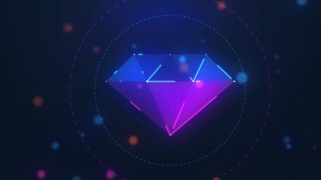 Glowing Neon Low Poly Diamond Hologram in Futuristic HUD Rings