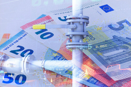 Industrial steel pipeline and yellow valve over euro banknotes with financial charts and digital data, illustrating energy infrastructure, utility costs, European energy markets and inflation.