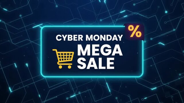 Cyber Monday mega sale animated neon banner with circuit background