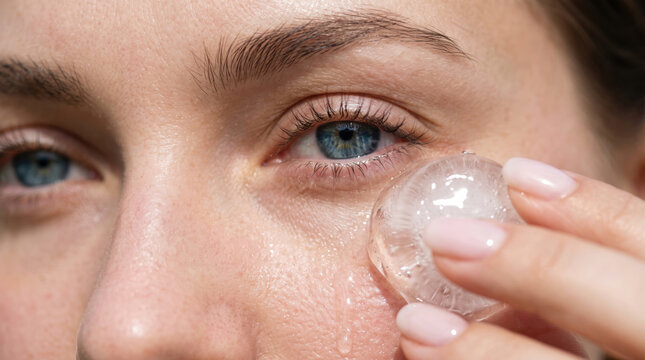 Woman applying ice cube on cheek for refreshing skincare routine, feeling cool, soothing and hydrating skin, reducing puffiness and promoting fresh facial beauty