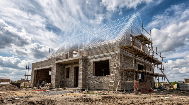 House under construction showcasing digital blueprint overlay, symbolizing new home development, architectural planning, design integration, and future property investment