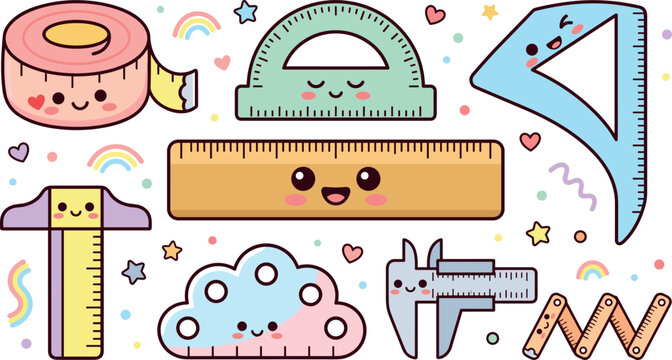 Cute kawaii measuring tools vector set featuring smiling ruler protractor measuring tape caliper triangular set square and colorful stationery characters for school design.