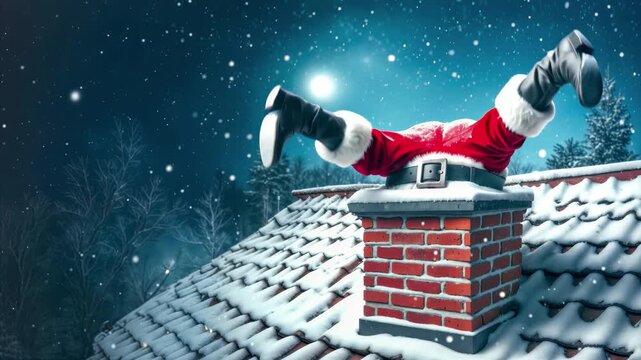 Funny Santa Claus stuck upside down in a snowy brick chimney on a rooftop at night, kicking his legs before slipping down inside with a puff of black soot under a glowing moon and falling snow.
