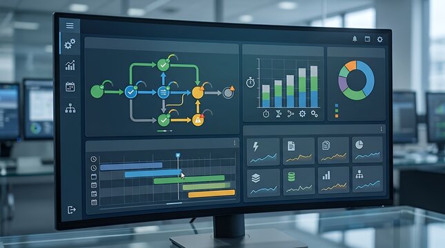 Enterprise Business Process Automation Dashboard Displaying Analytics Workflow Management Metrics Task Scheduling Controls Operational Efficiency Charts and Digital Performance Data Interface
