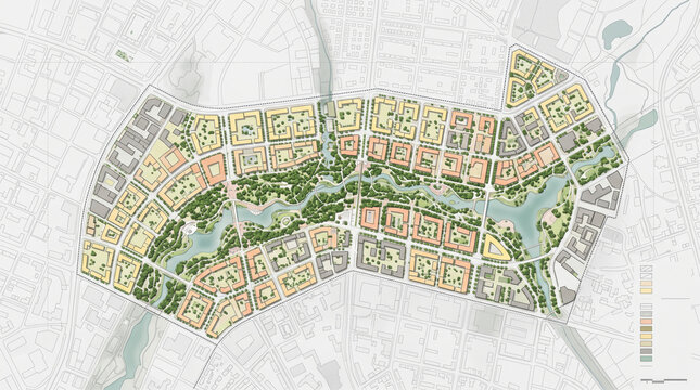 Urban master plan illustrating sustainable city development with residential zones. Lush green parks. Winding rivers. And integrated community living concepts