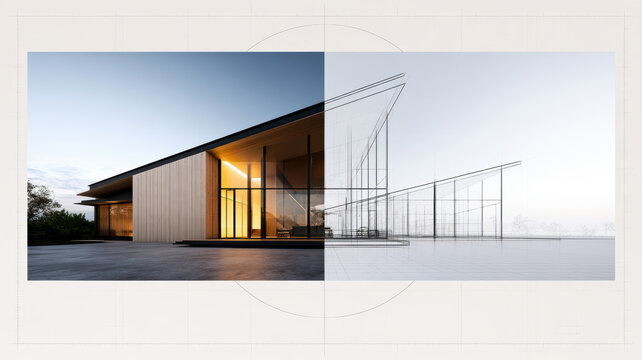 Modern house architectural design process showing a blueprint evolving into a finished contemporary building, representing future home construction and property development