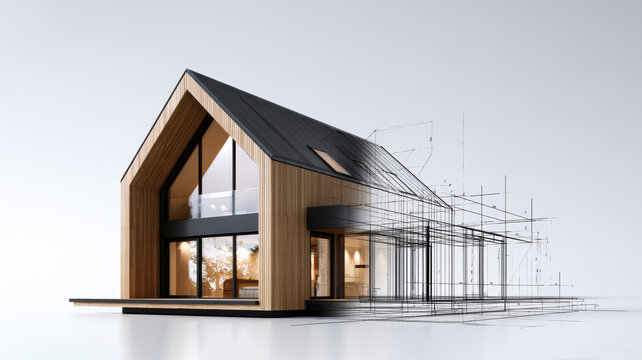 Modern house design evolving from blueprint to finished architecture, representing construction process, real estate development, property planning, and residential building innovation