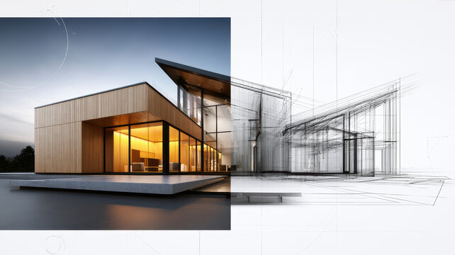 Modern building design evolving from conceptual architectural sketch to realistic residential rendering, showcasing innovation and construction planning