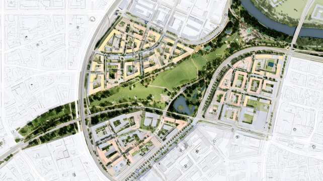 Urban master plan illustrating new city development, green infrastructure, and sustainable residential areas blending with existing transportation networks and natural landscapes