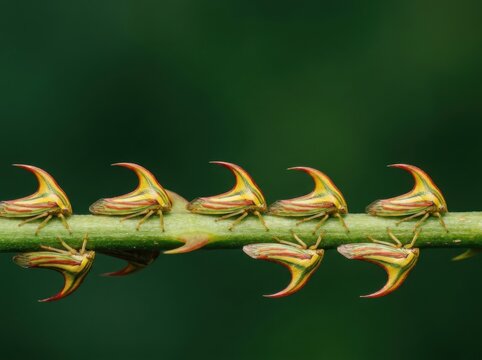 Colorful treehopper cluster on green stem in macro nature scene